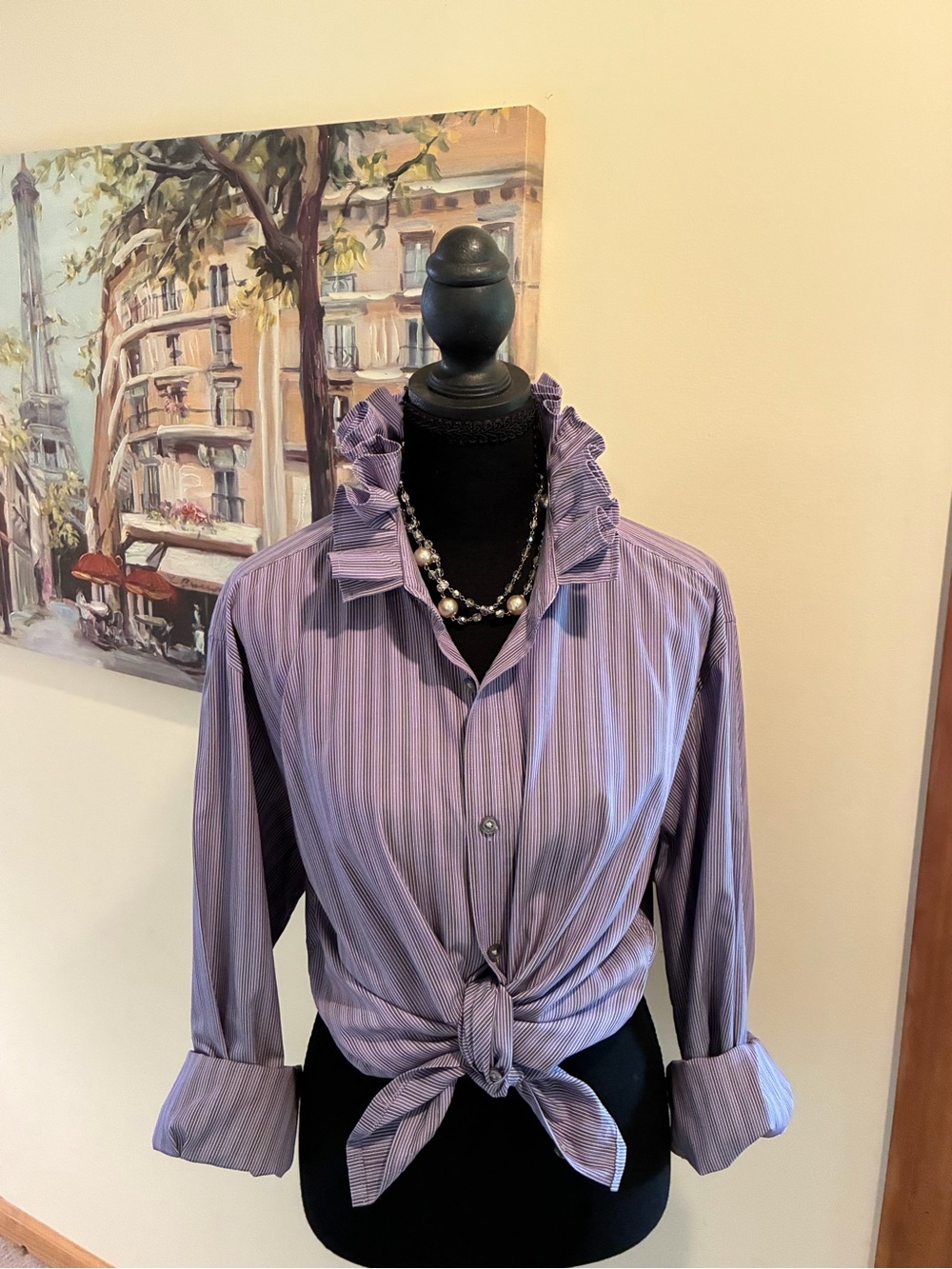 Hugo Boss Lavender Striped Ruffle Collar Tie-Front Shirt